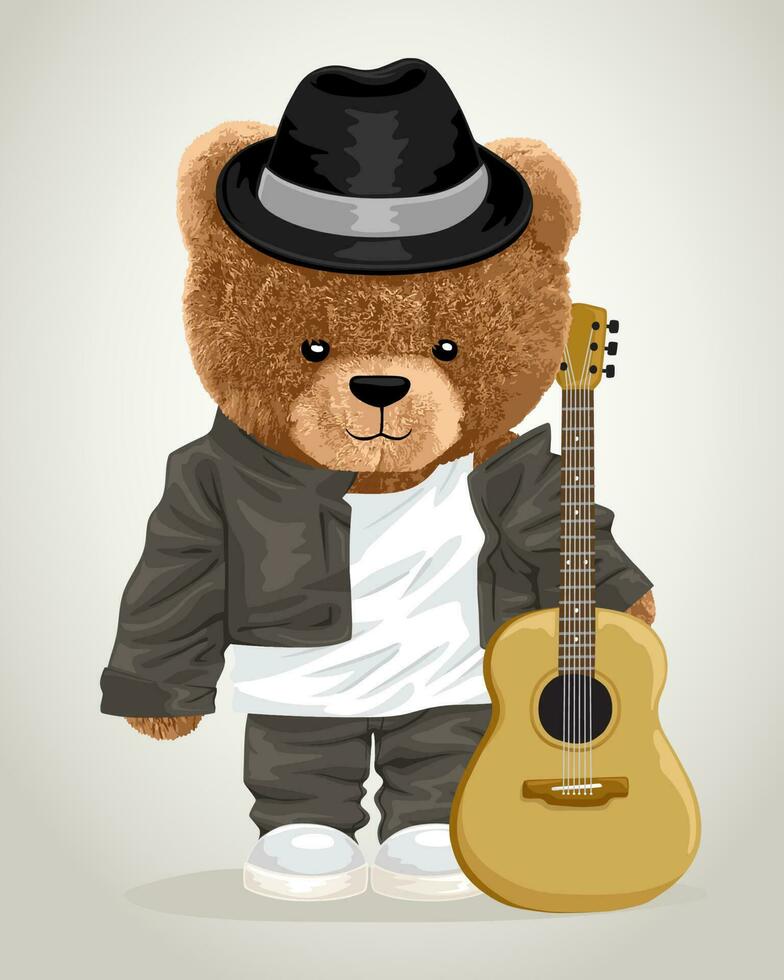 vector illustratie van teddy beer in musicus kostuum met akoestisch gitaar