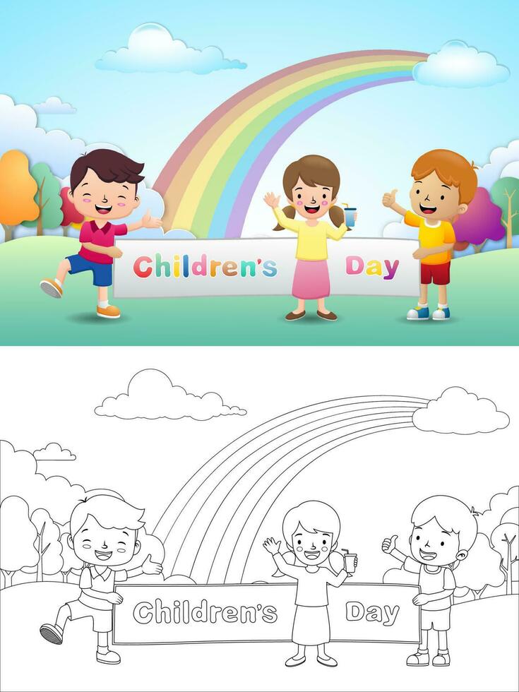 tekenfilm van schattig kinderen Holding banier Bij kinderen dag Aan tafereel achtergrond met regenboog vector