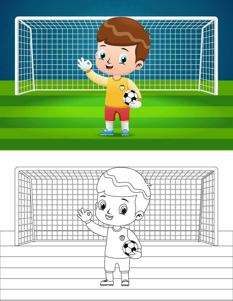 tekenfilm van een jongen spelen voetbal net zo doelman vector