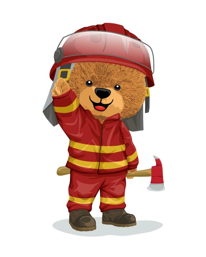 vector illustratie van teddy beer in brandweerman uniform Holding bijl