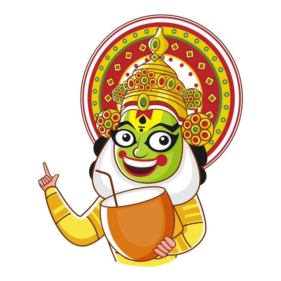 vector illustratie van vrolijk Kathakali danser Mens Holding kokosnoot drankje.