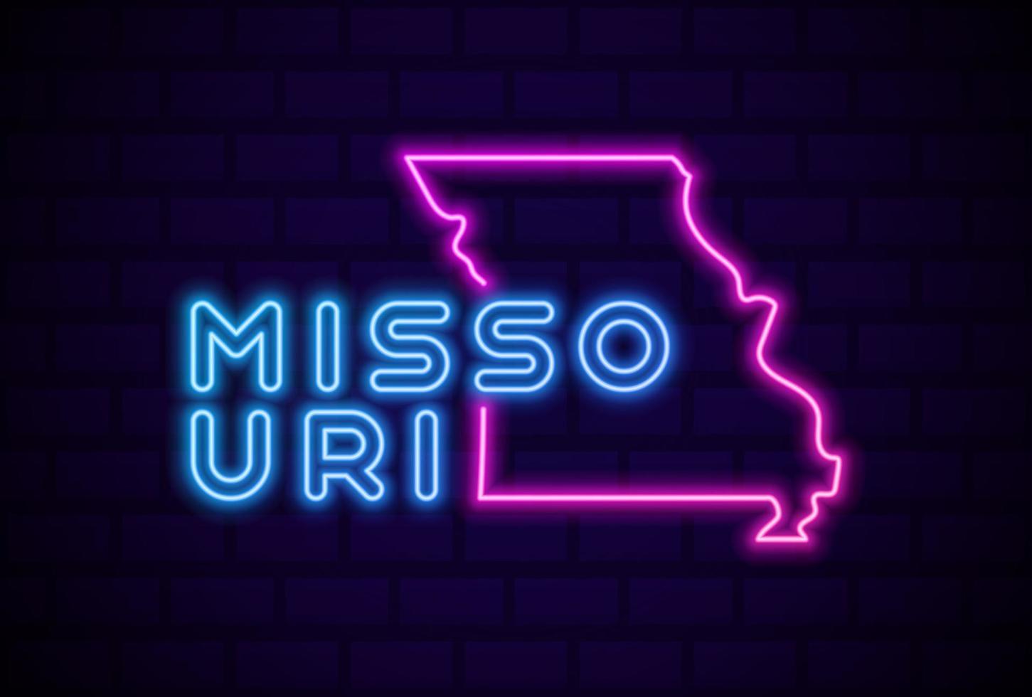 Missouri ons staat gloeiende neon lamp teken realistische vector illustratie blauwe bakstenen muur gloed