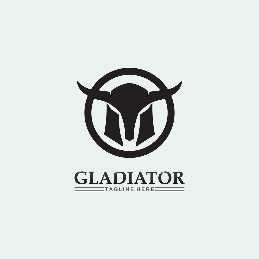 Spartaans helmlogo en gladiator, kracht, vintage, zwaard, veiligheid, legendarisch logo en vector van soldaatklassieker