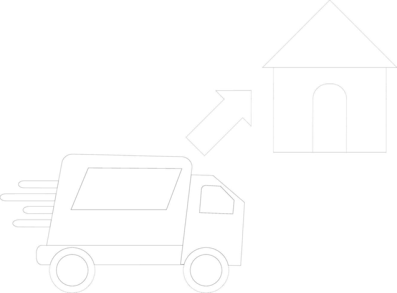 zwart lijn kunst levering vrachtauto in voorkant van huis. vector