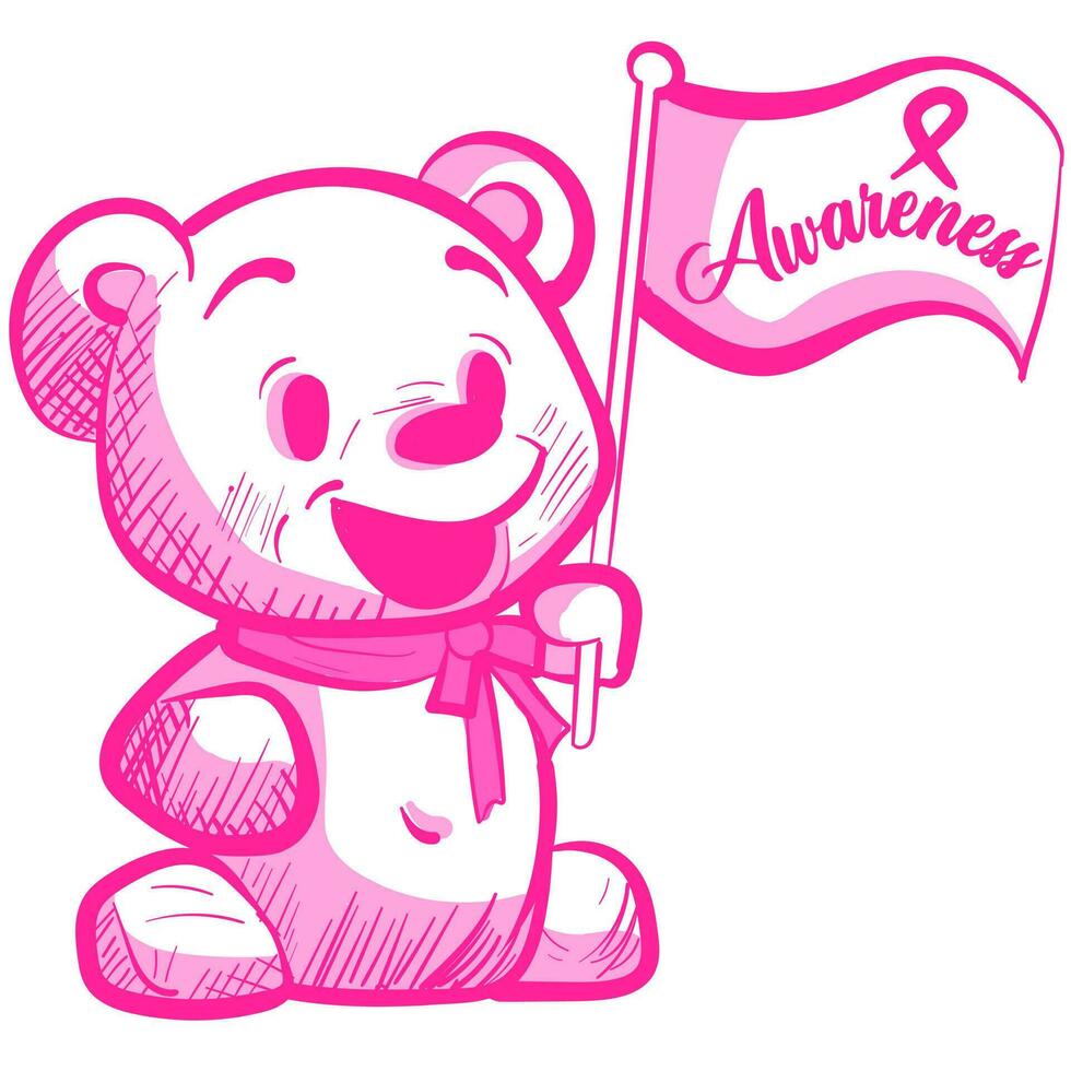 conceptuele kunst van een roze teddy beer Holding een vlag met bewustzijn voor borst kanker maand. vector van een gevuld dier ondersteunen een medisch oorzaak.