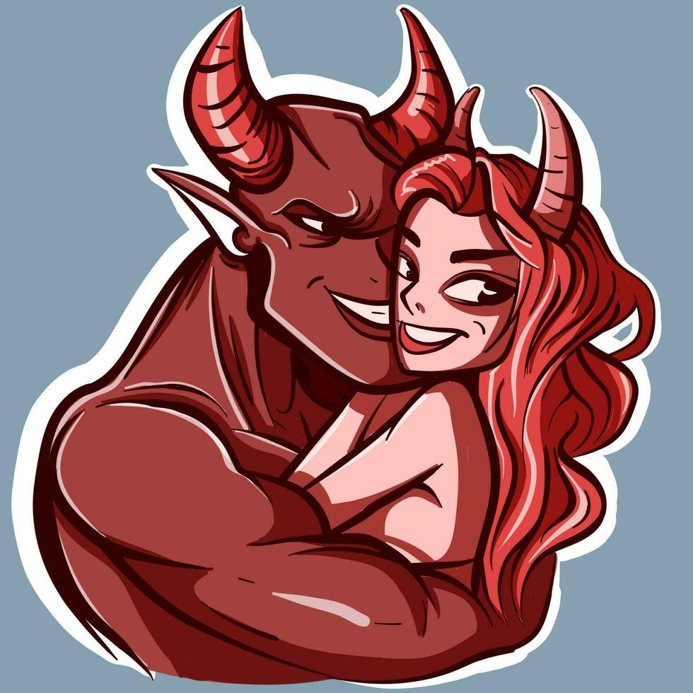 digitaal kunst van een satanisch paar knuffelen. vector van een demon Mens en vrouw Holding en liefhebbend elk ander.