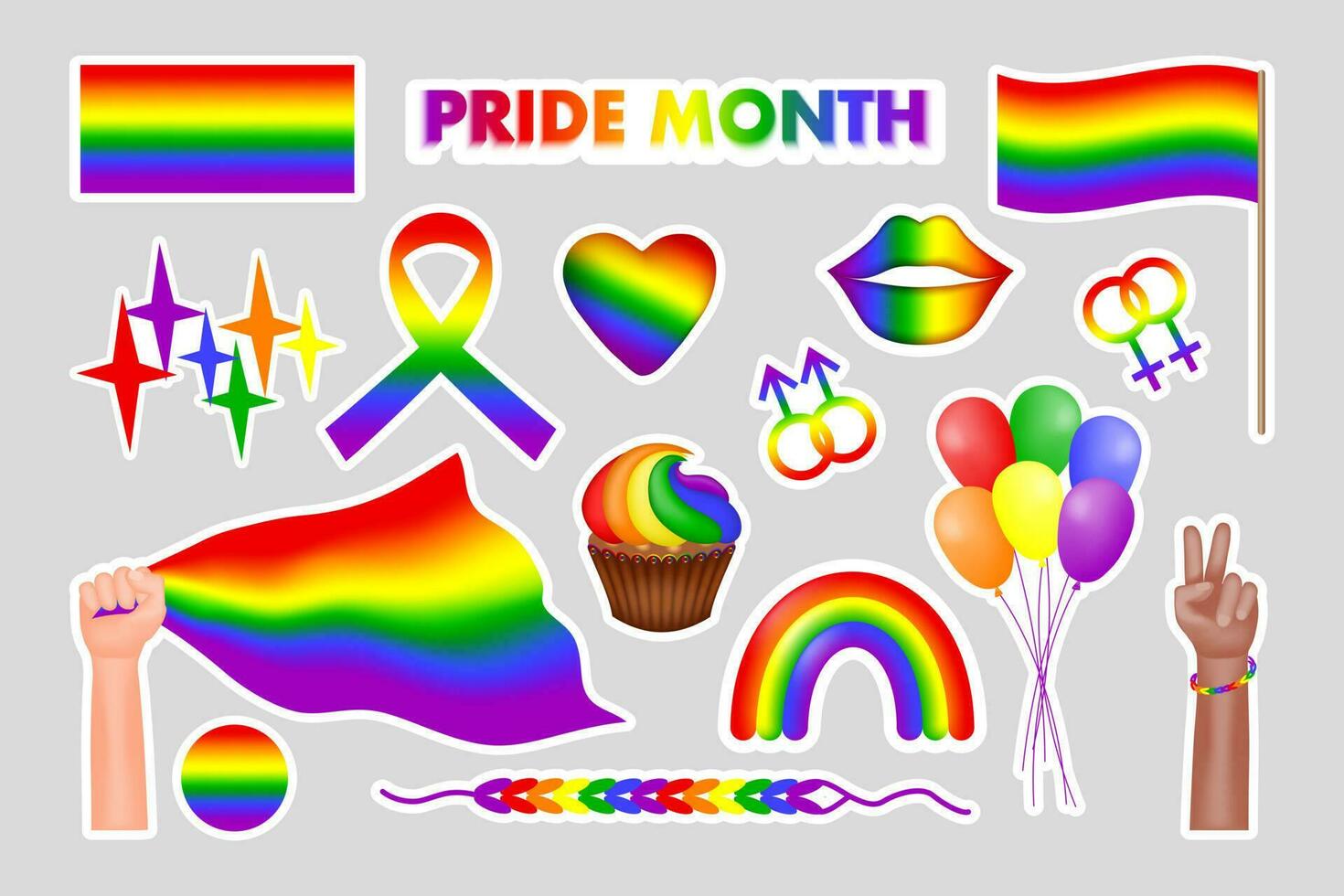 vector reeks van stickers symbolen van de lgbtq gemeenschap. trots maand pictogrammen. regenboog, handen van mensen met lgbt vlag, ballonnen, regenboog lippen, hart. vector illustratie.