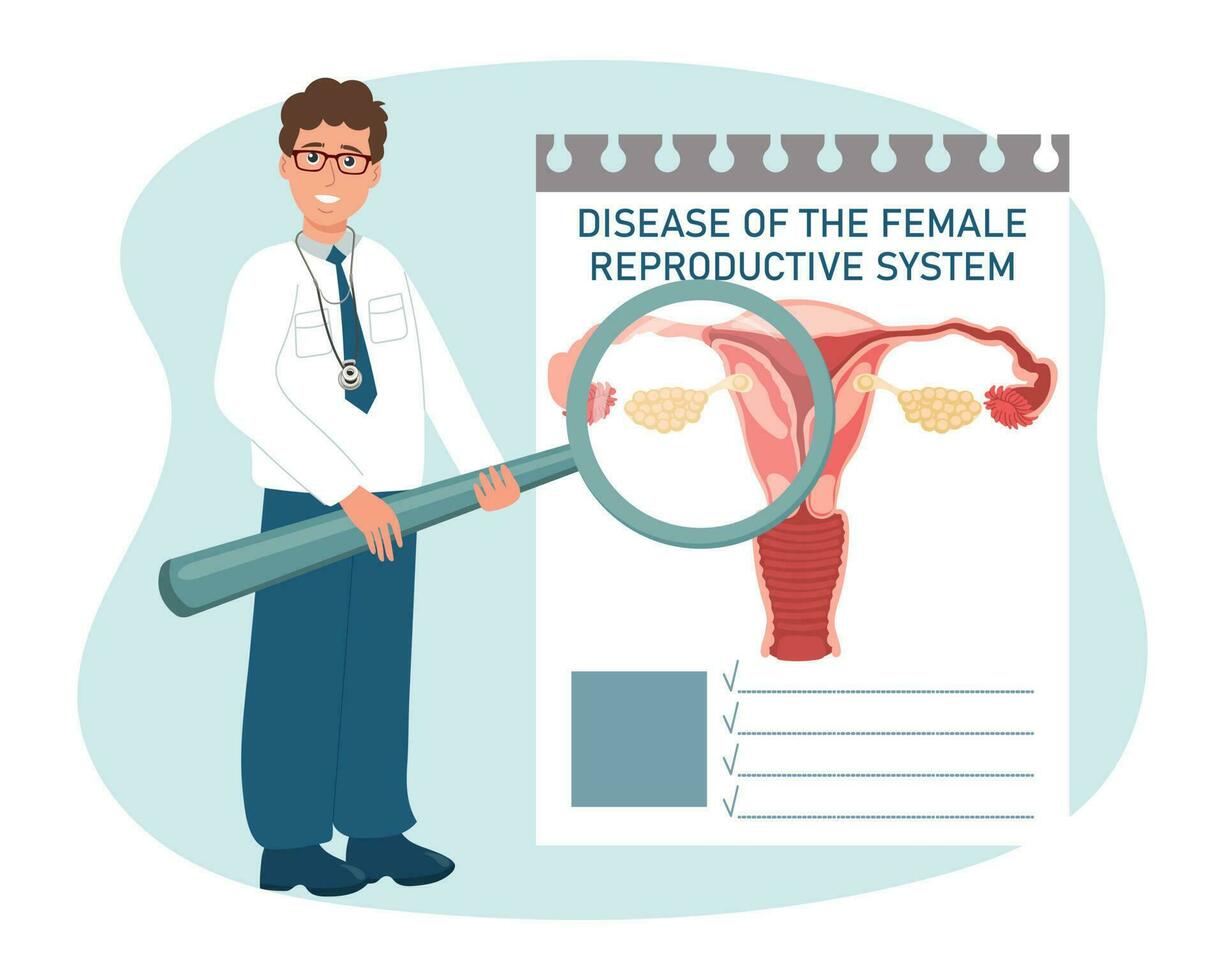 een mannetje dokter met een vergroten glas onderzoekt de ziekten van de vrouw voortplantings- systeem. medisch gezondheidszorg concept. vector