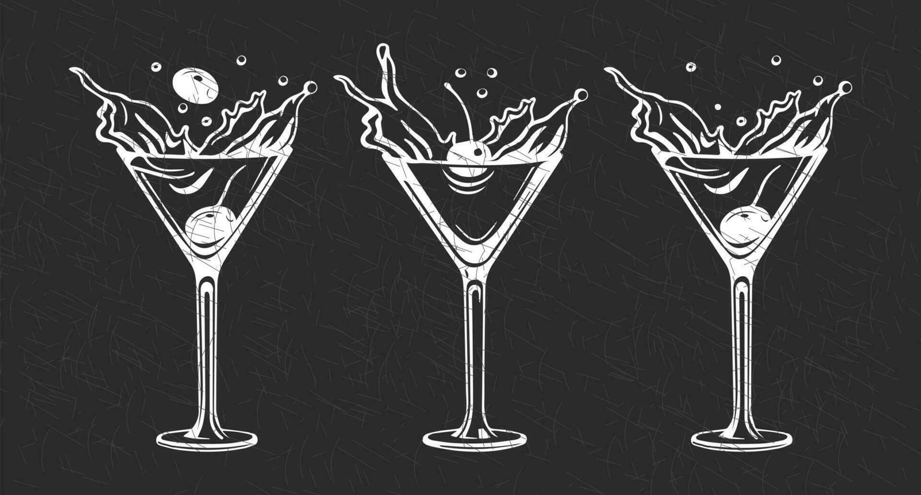 reeks van wit grunge tekeningen van verfrissend cocktails met ijs kubussen, rietjes en paraplu's Aan een donker achtergrond. drinken pictogrammen, cafe menu, vector