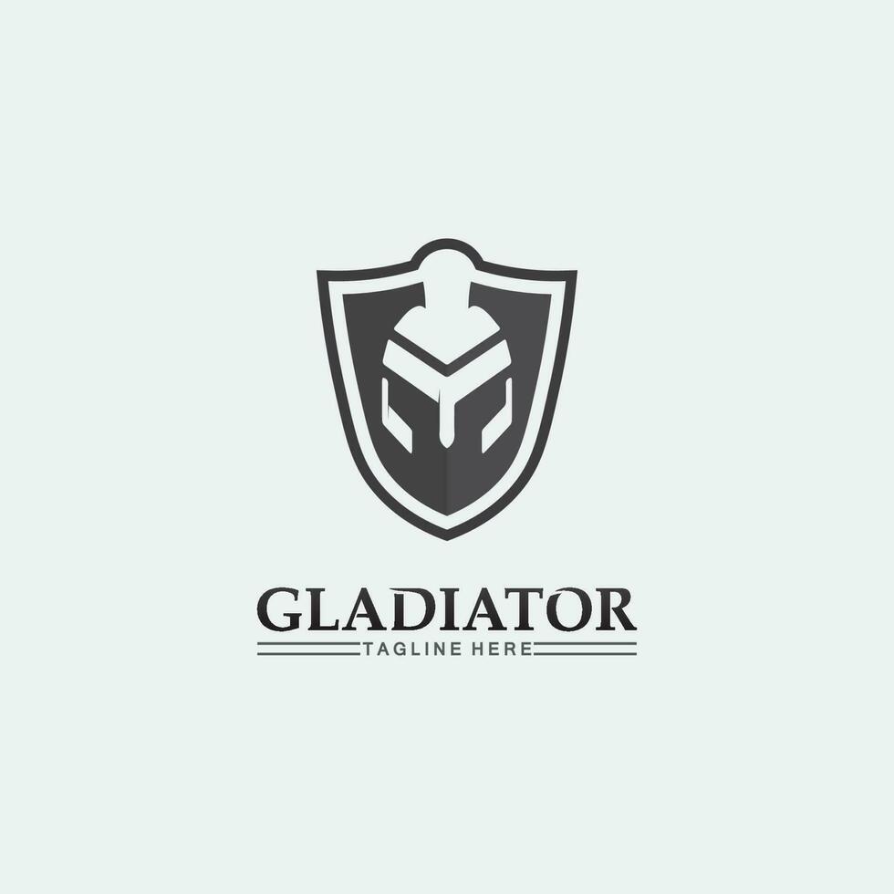 Spartaans helmlogo en gladiator, kracht, vintage, zwaard, veiligheid, legendarisch logo en vector van soldaatklassieker