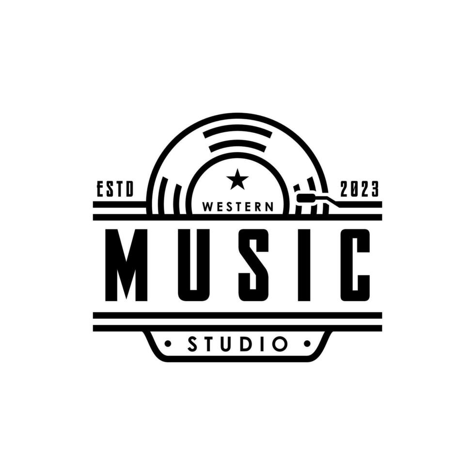 vinyl muziek- Vermelding studio logo, wijnoogst retro muziek- studio met vinyl schijf vector