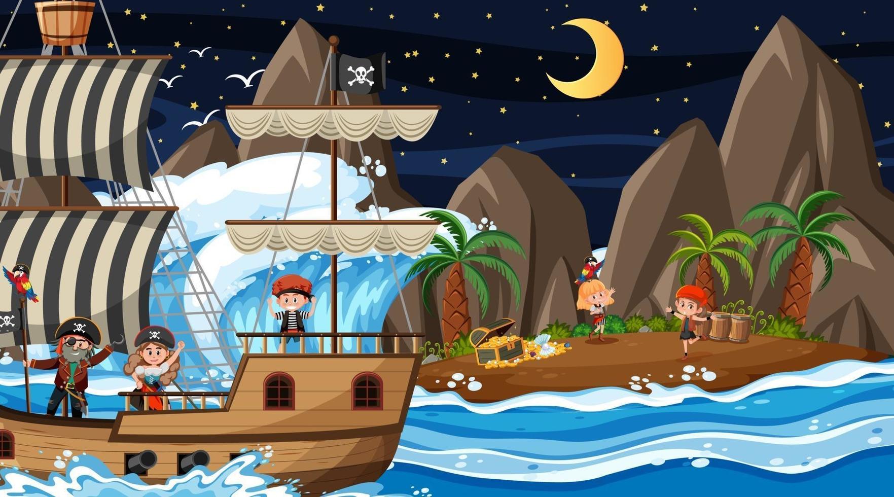 Treasure Island-scène 's nachts met piratenkinderen vector