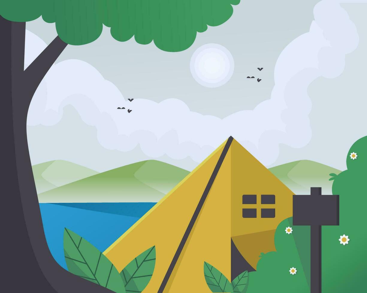 camping themed vector landschap. tegen de backdrop van bergen, bossen en sereen meren,