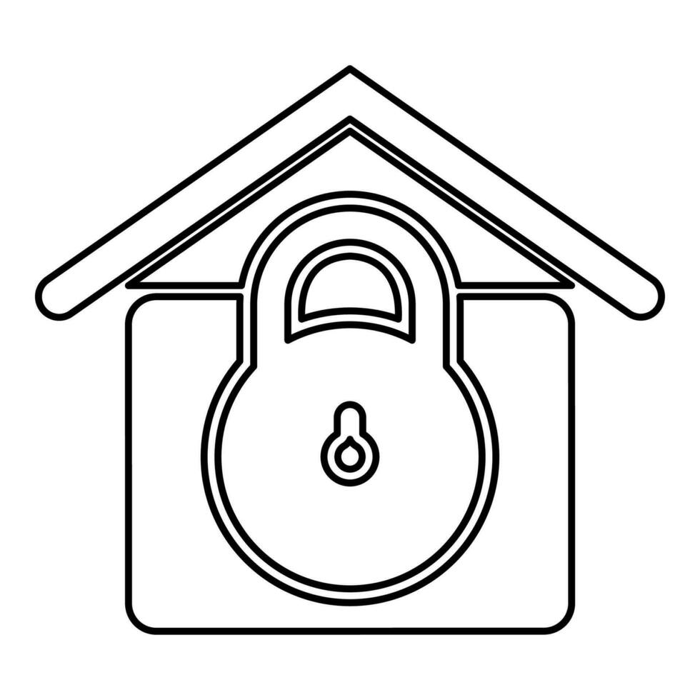 slot huis huis bescherming met op slot hangslot concept veiligheid verdediging veiligheid contour schets lijn icoon zwart kleur vector illustratie beeld dun vlak stijl
