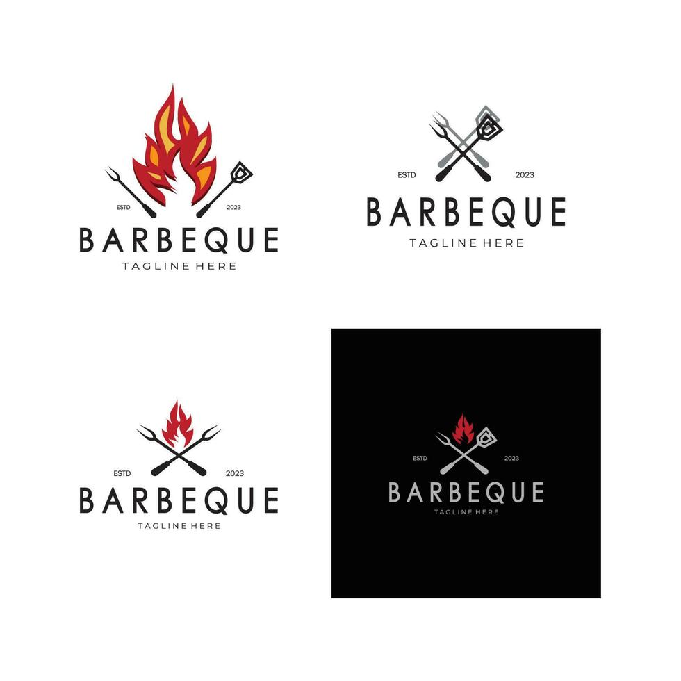 rook en bbq barbecue wijnoogst heet grill, met gekruiste vlammen en spatel. logo voor restaurant, insigne, cafe en balk.vector vector