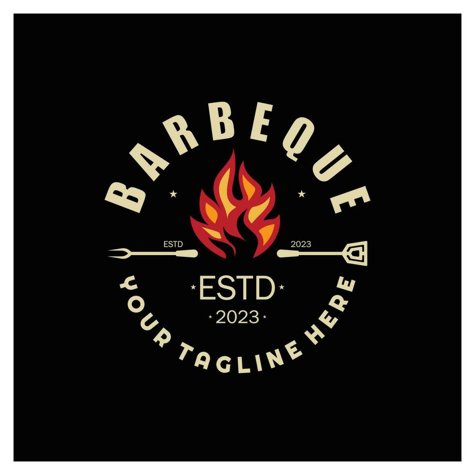 rook en bbq barbecue wijnoogst heet grill, met gekruiste vlammen en spatel. logo voor restaurant, insigne, cafe en balk.vector vector