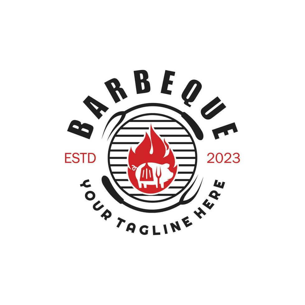 gemakkelijk barbecue wijnoogst heet grill, met gekruiste vlammen en spatel. logo voor restaurant, insigne, cafe en balk.vector vector