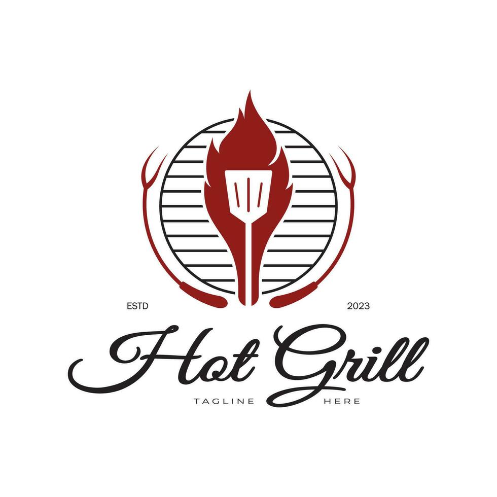 gemakkelijk barbecue wijnoogst heet grill, met gekruiste vlammen en spatel. logo voor restaurant, insigne, cafe en balk.vector vector