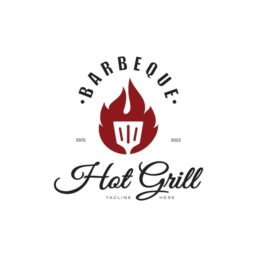 gemakkelijk barbecue wijnoogst heet grill, met gekruiste vlammen en spatel. logo voor restaurant, insigne, cafe en balk.vector vector