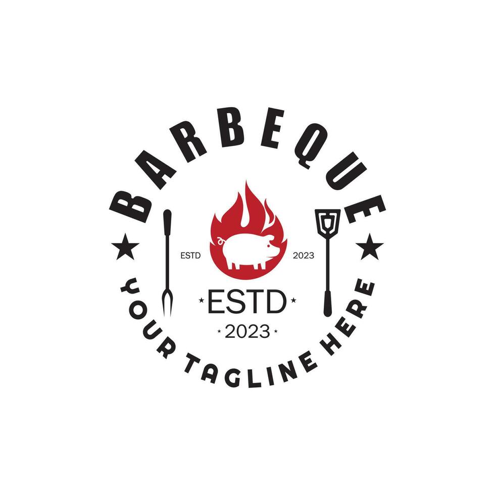 rook en bbq barbecue wijnoogst heet grill, met gekruiste vlammen en spatel. logo voor restaurant, insigne, cafe en balk.vector vector