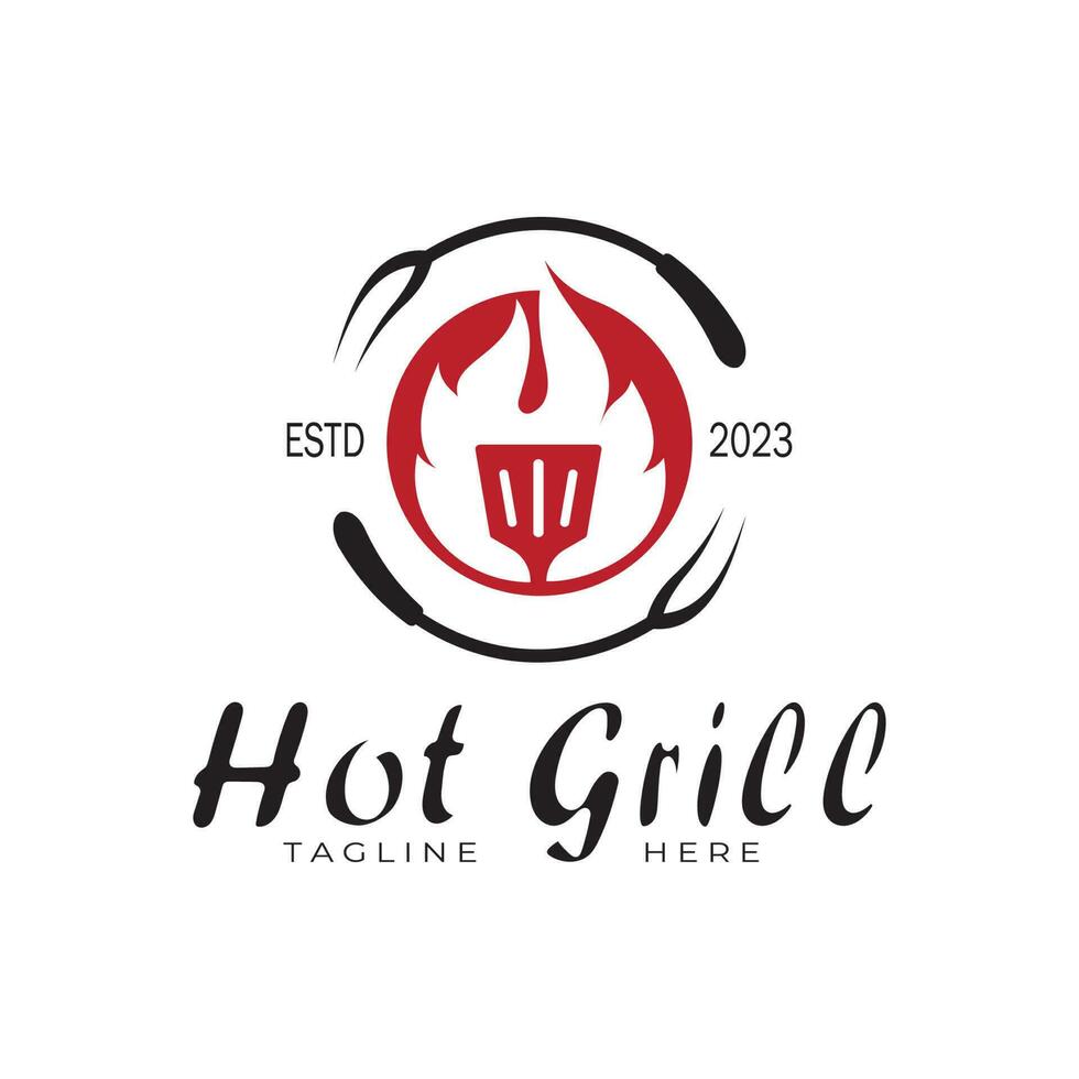 gemakkelijk barbecue wijnoogst heet grill, met gekruiste vlammen en spatel. logo voor restaurant, insigne, cafe en balk.vector vector