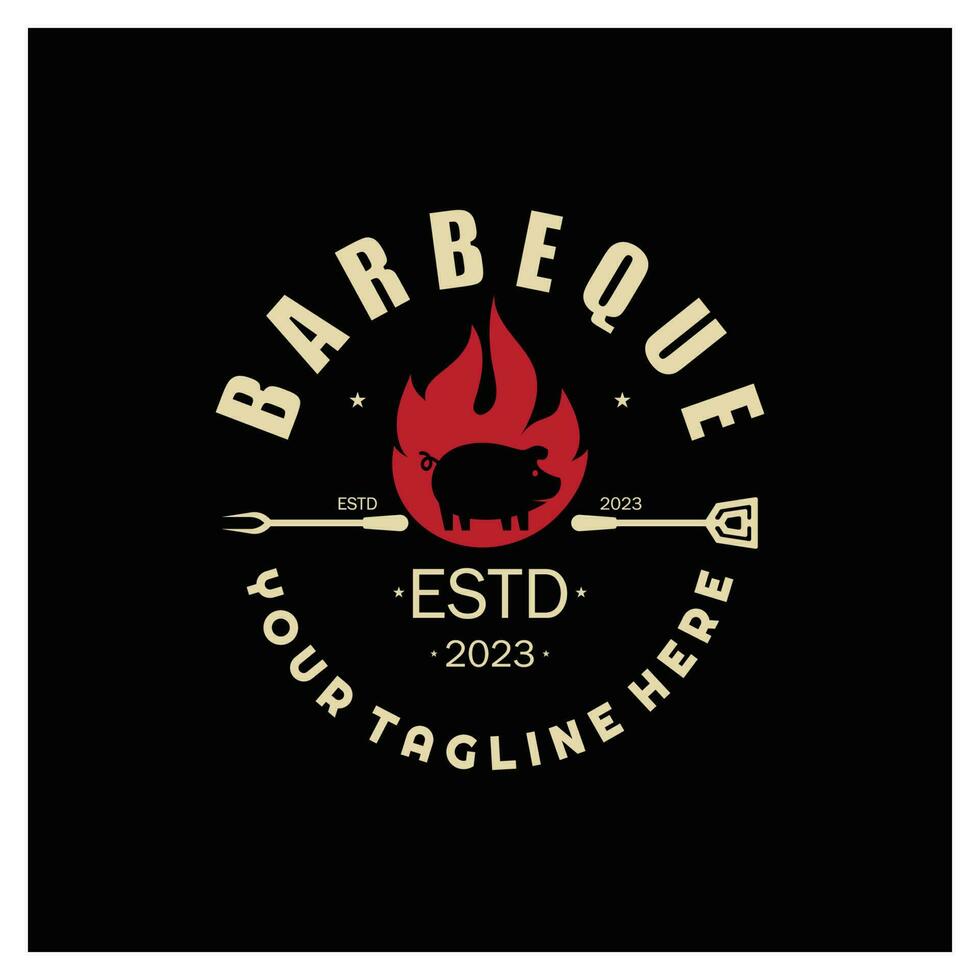 rook en bbq barbecue wijnoogst heet grill, met gekruiste vlammen en spatel. logo voor restaurant, insigne, cafe en balk.vector vector