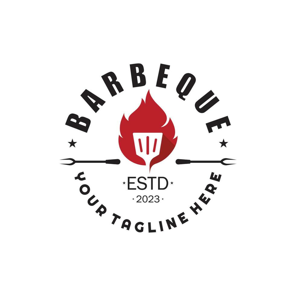 gemakkelijk barbecue wijnoogst heet grill, met gekruiste vlammen en spatel. logo voor restaurant, insigne, cafe en balk.vector vector