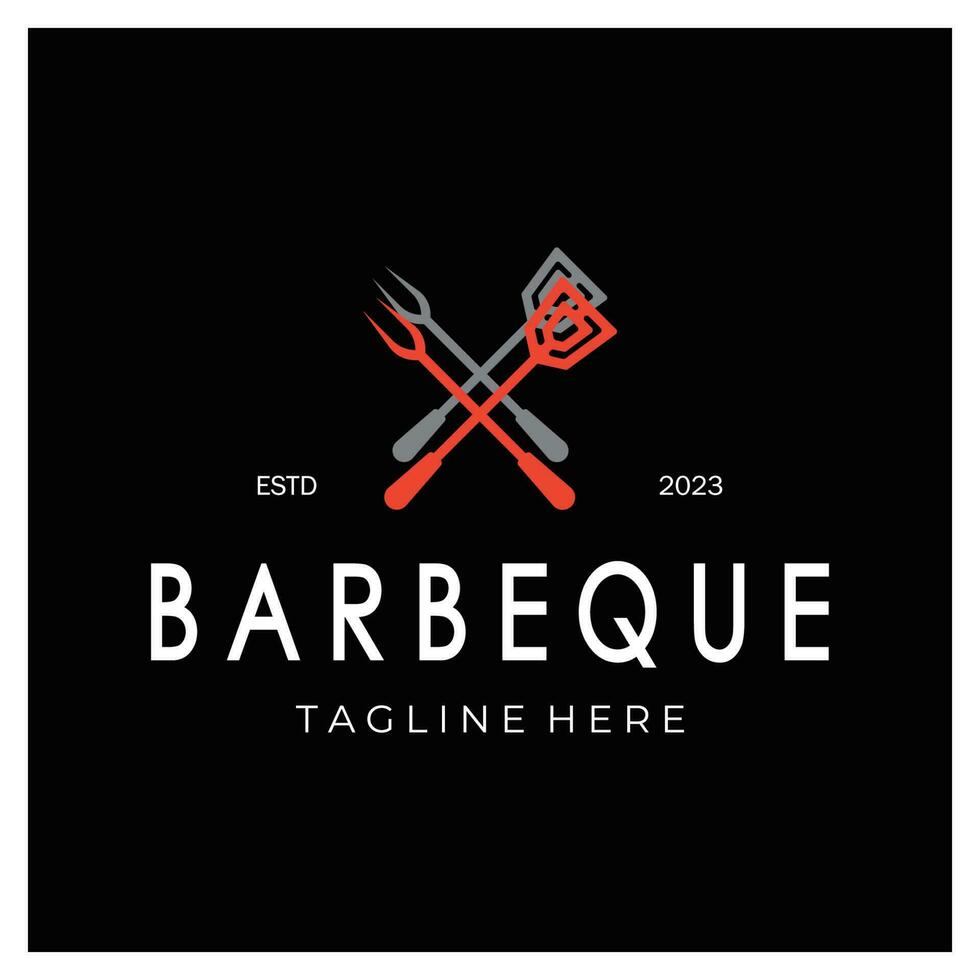 rook en bbq barbecue wijnoogst heet grill, met gekruiste vlammen en spatel. logo voor restaurant, insigne, cafe en balk.vector vector