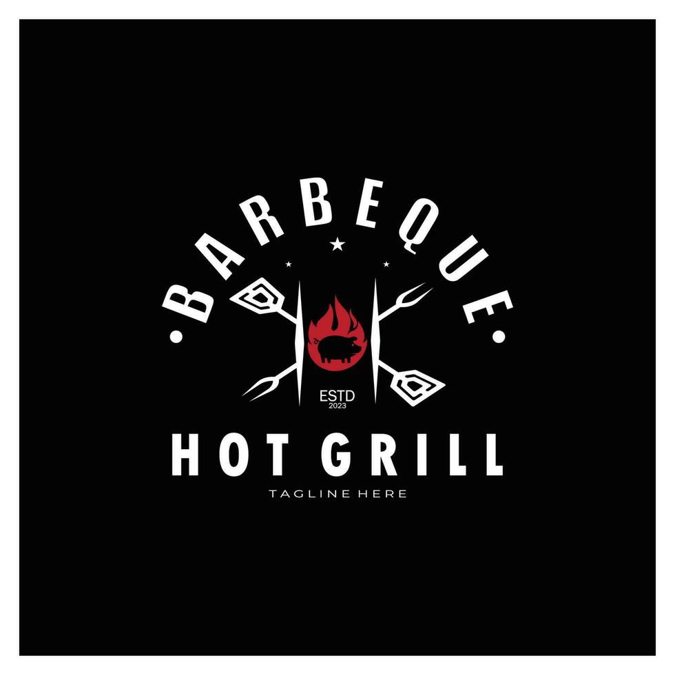 rook en bbq barbecue wijnoogst heet grill, met gekruiste vlammen en spatel. logo voor restaurant, insigne, cafe en balk.vector vector