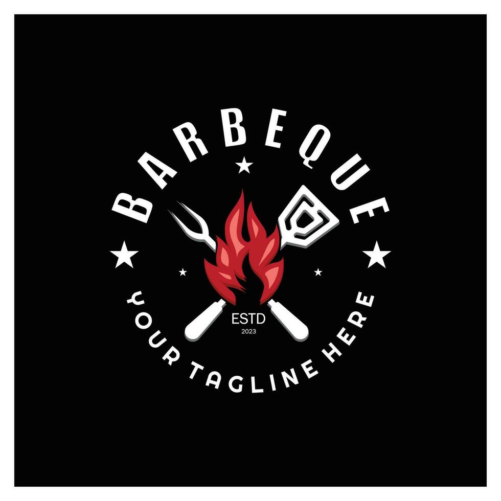 rook en bbq barbecue wijnoogst heet grill, met gekruiste vlammen en spatel. logo voor restaurant, insigne, cafe en balk.vector vector