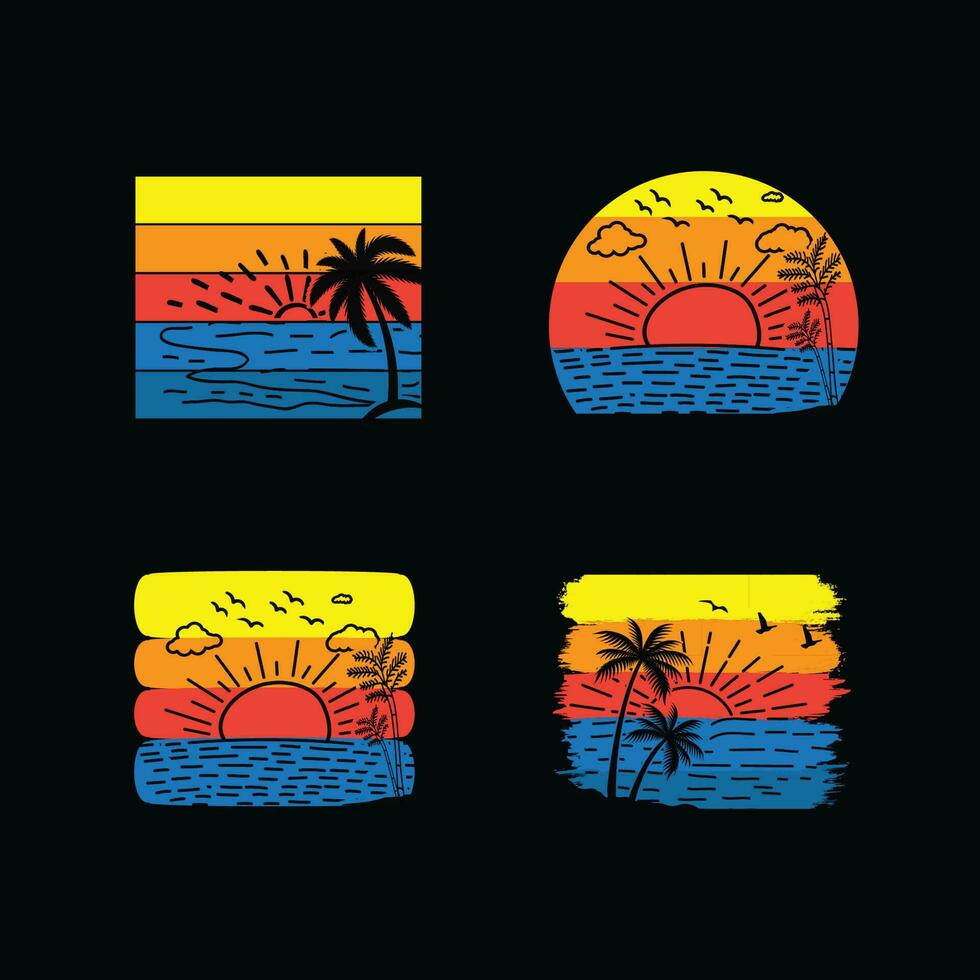 wijnoogst retro zonsondergang zomer strand t-shirt ontwerp voor zomer gevoel enkel en alleen, Californië strand genieten zomer met palm bomen, ligstoel paraplu t-shirt ontwerp klaar sjabloon grafiek vector illustratie