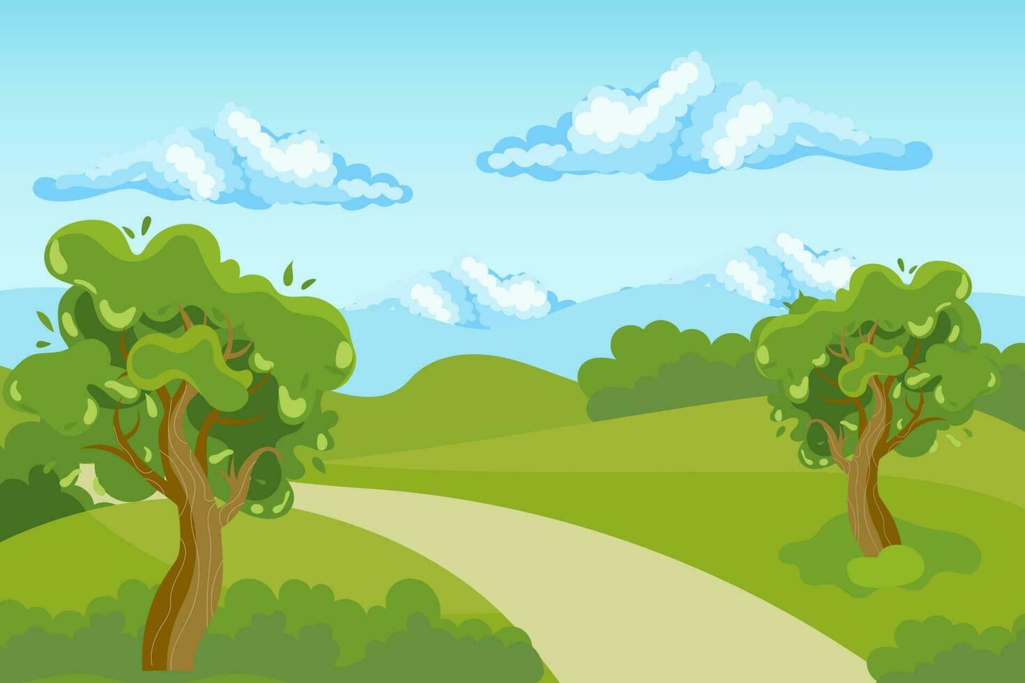 voorjaar landschap, land weg en bomen in de velden en weiden Aan de achtergrond van de lucht en de zon. illustratie, poster, vector