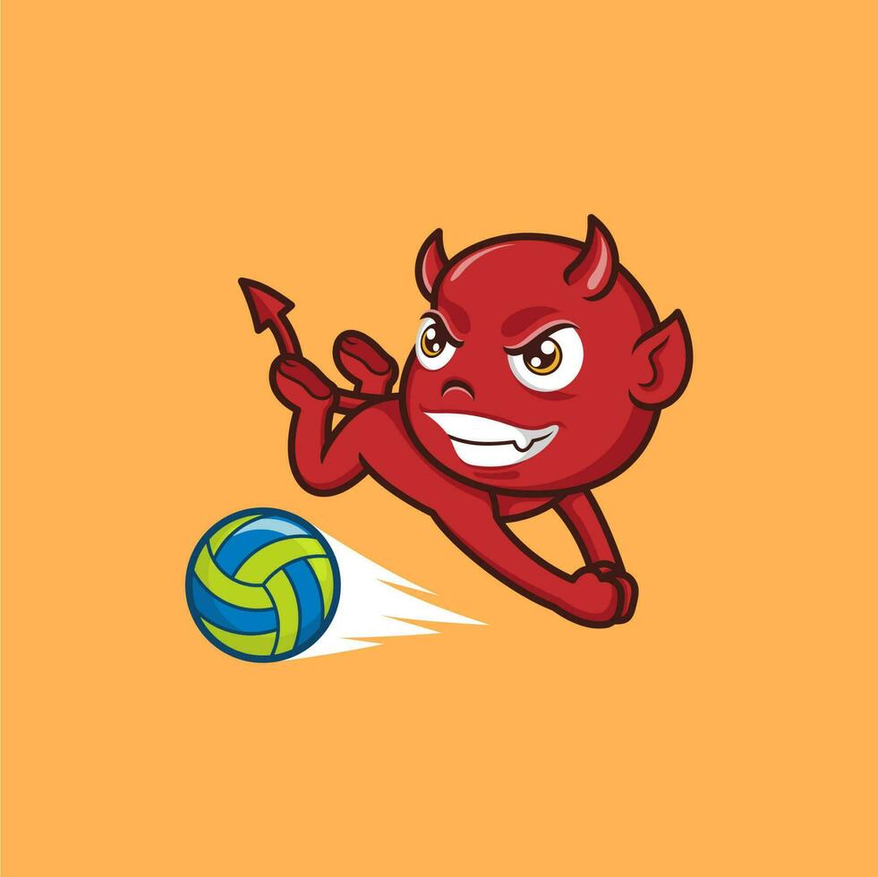schattig tekenfilm duivel spelen volleybal vector