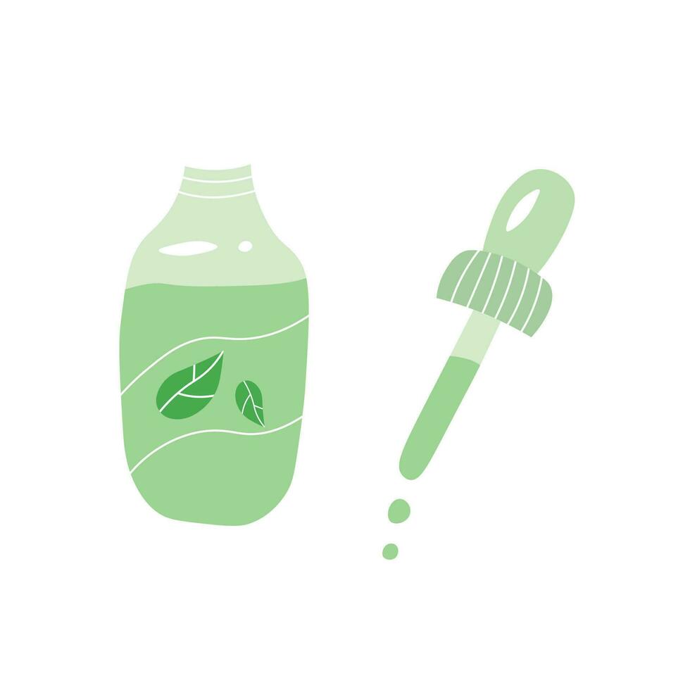groen vloeistof drug met fles en pipet. tekening tekenfilm illustratie van vloeistof geneesmiddel. vector