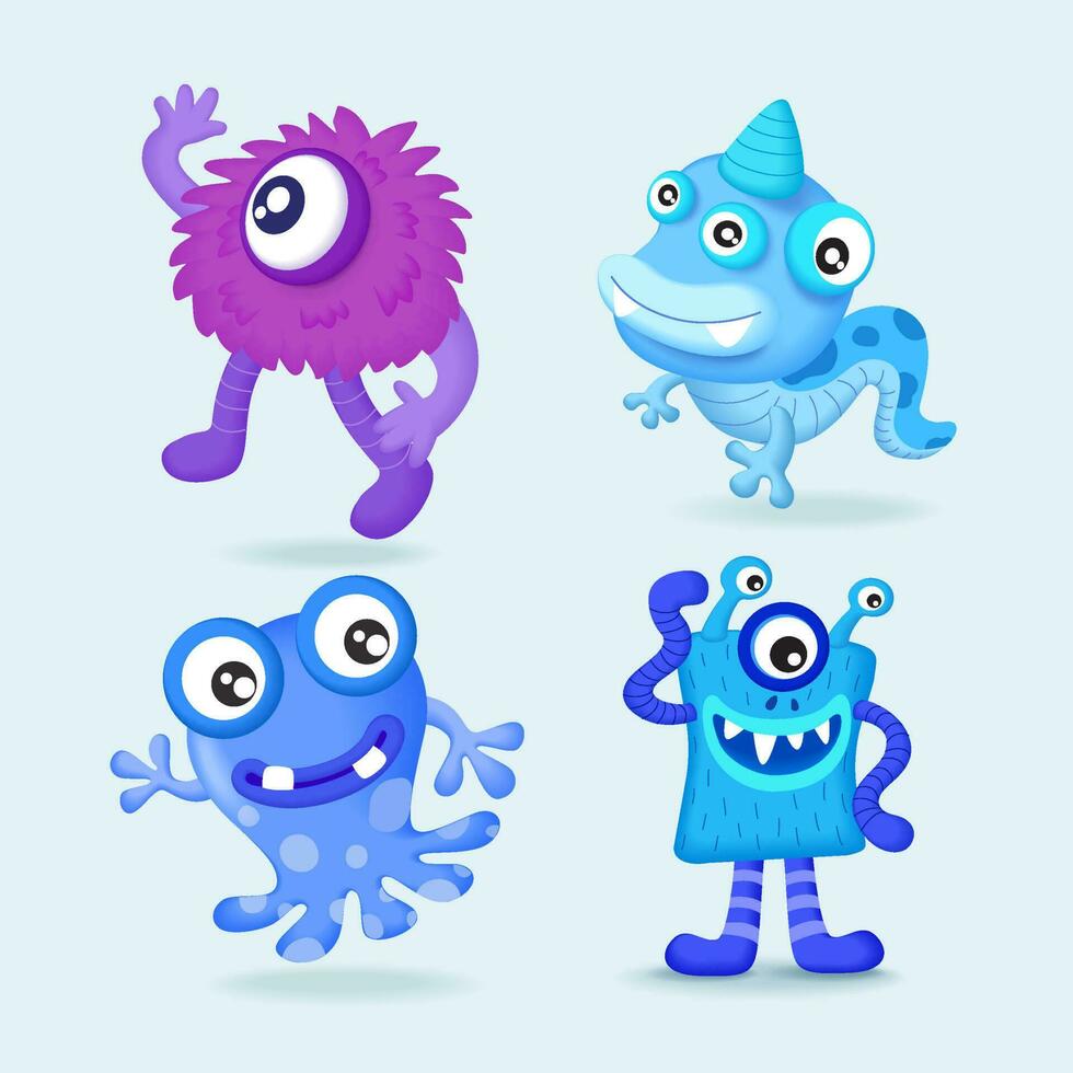 schattig monsters 3d vector set. kinderen tekenfilm karakter ontwerp voor poster, baby producten logo en verpakking ontwerp.