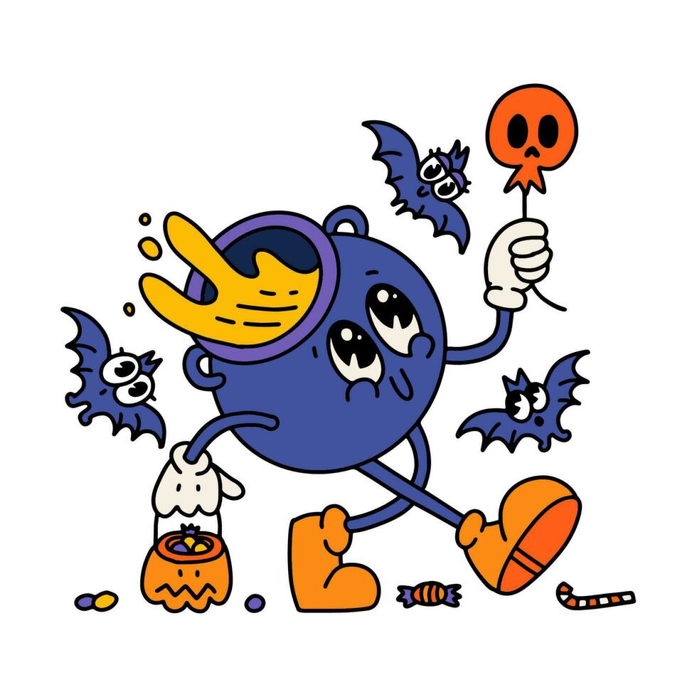 geïsoleerd groovy retro tekenfilm halloween ketel mascotte. jaren 70 wijnoogst wandelen met de pot karakter Holding schedel ballon. lineair hand- getrokken vector illustratie of t overhemd ontwerp