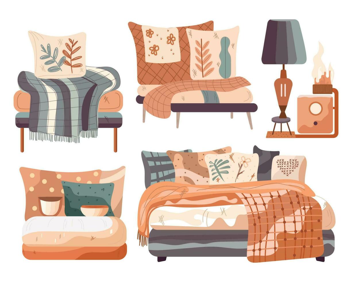 reeks van knus slaapkamer meubilair met kussens, plaid, lamp, tafel. tekenfilm stijl. vector