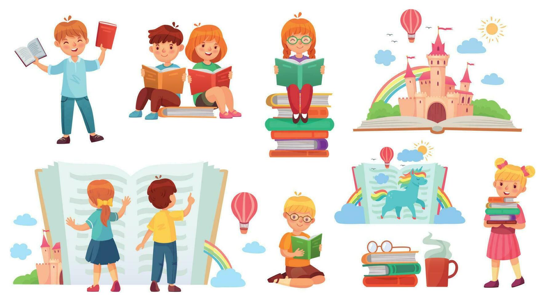 kinderen lezing boek. tekenfilm kind bibliotheek, gelukkig kind lezen boeken en boek stack geïsoleerd vector illustratie