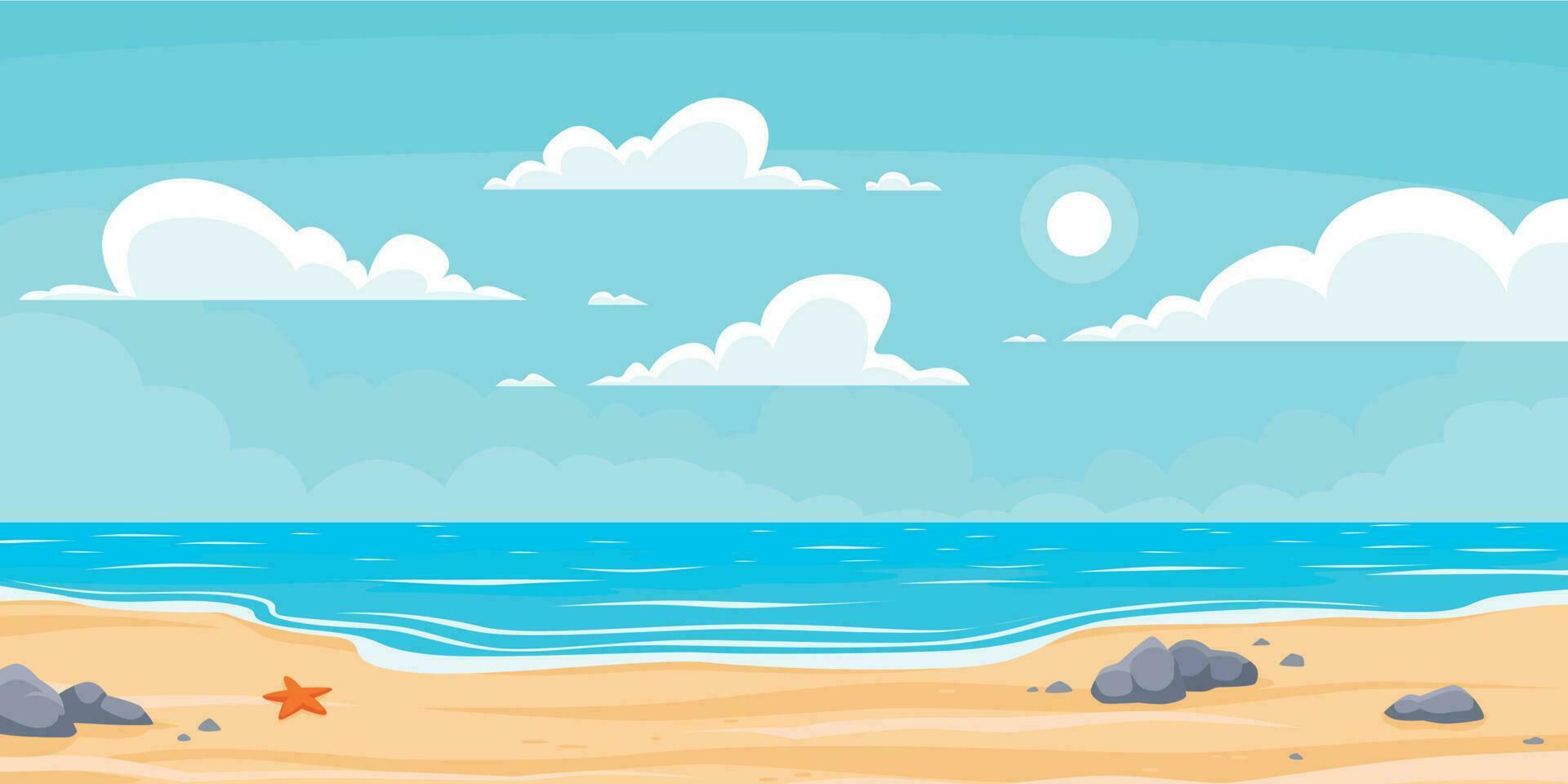 tekenfilm zomer strand. paradijs natuur vakantie, oceaan of zee kust. kust landschap vector achtergrond illustratie