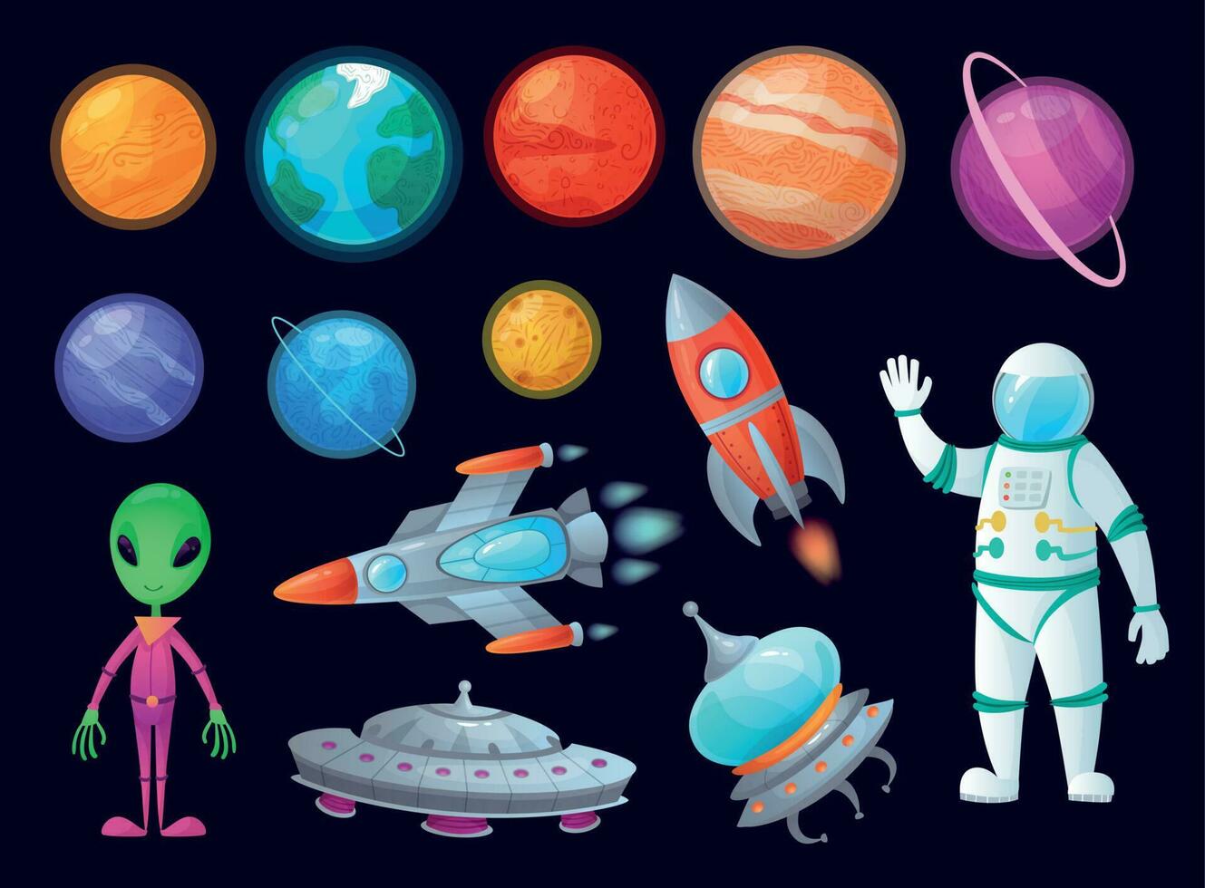 ruimte artikelen. buitenaards wezen ufo, universum planeet en raket raketten. planeten spel ontwerp tekenfilm grafiek vector item reeks