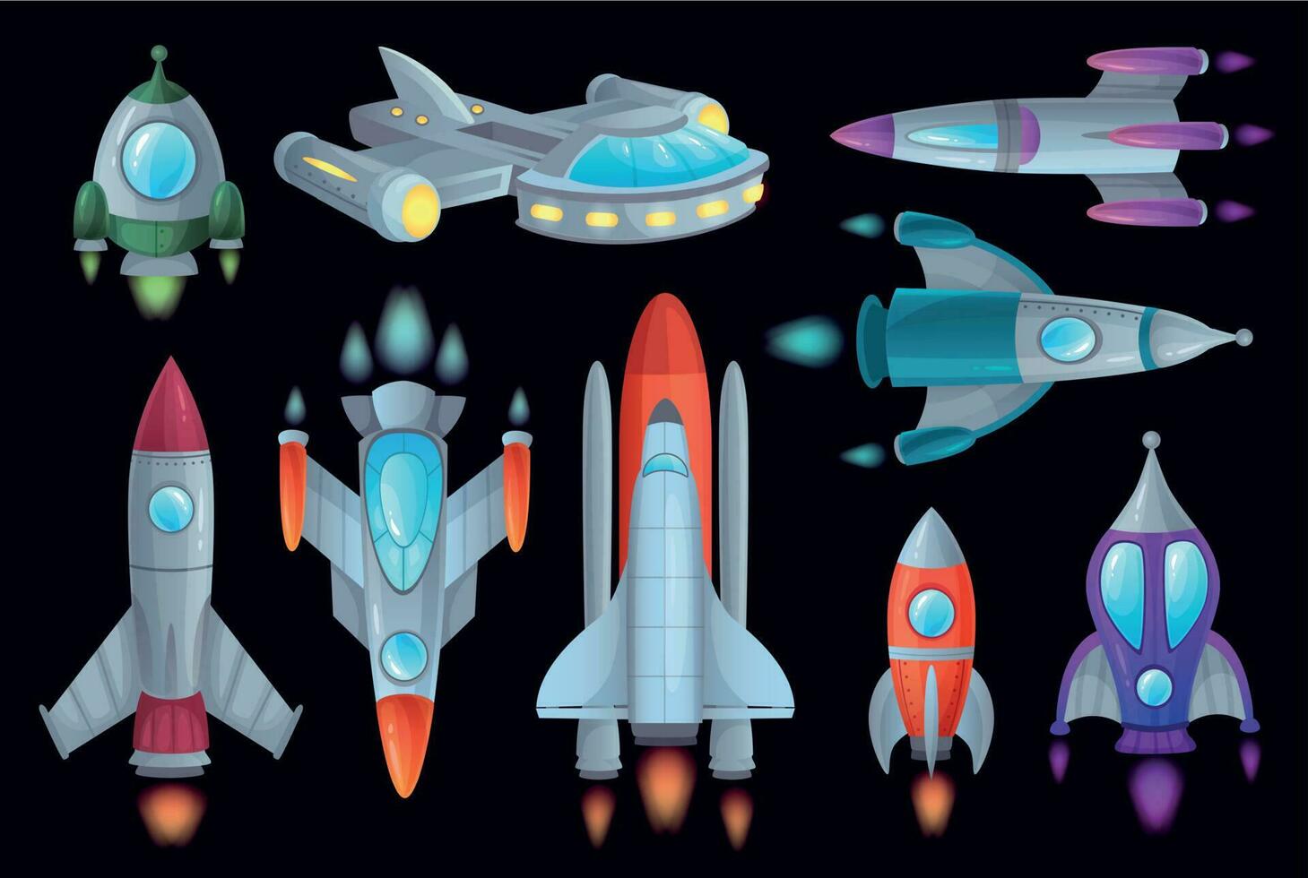 tekenfilm raketten. ruimte ruimteschip, ruimtevaart raket en ruimtevaartuig schip geïsoleerd vector illustratie reeks