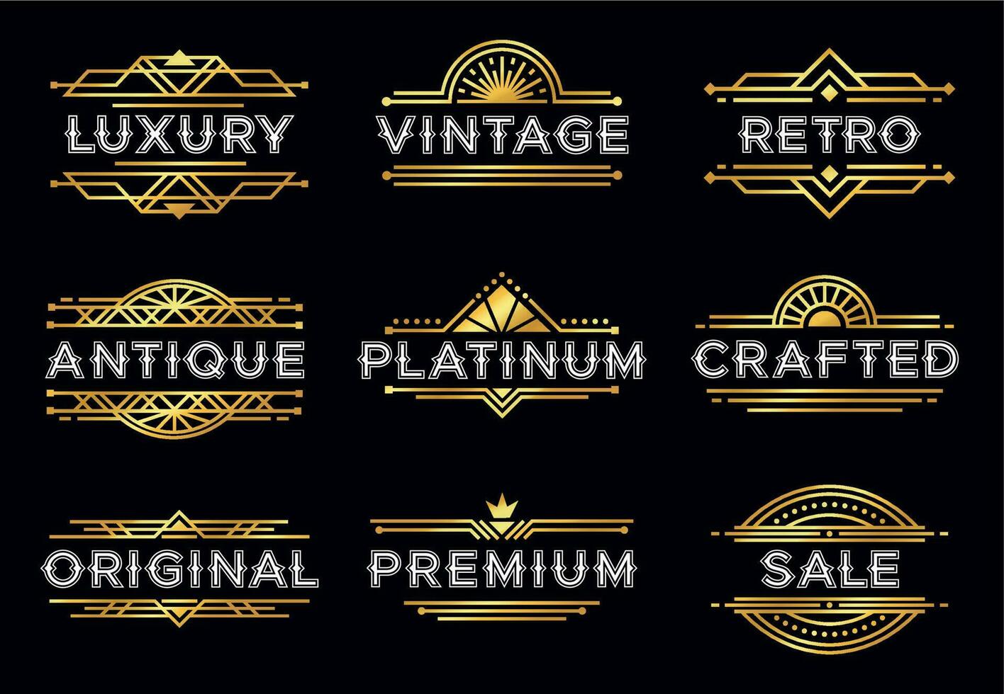 kunst deco label. retro luxe meetkundig ornamenten, wijnoogst ornament kader en hipster decoratief lijnen etiketten vector illustratie reeks