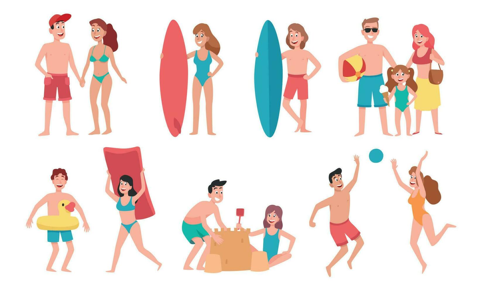 strand mensen. familie vakantie vakantie, zonnen Aan strand en gelukkig vrienden zomer pret tekenfilm vector illustratie