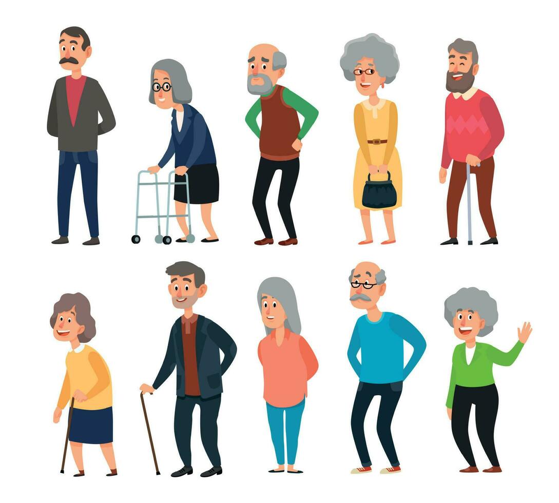 oud tekenfilm senioren. oud mensen, gerimpeld senior opa en wandelen grootmoeder met grijs haar- geïsoleerd illustratie reeks vector