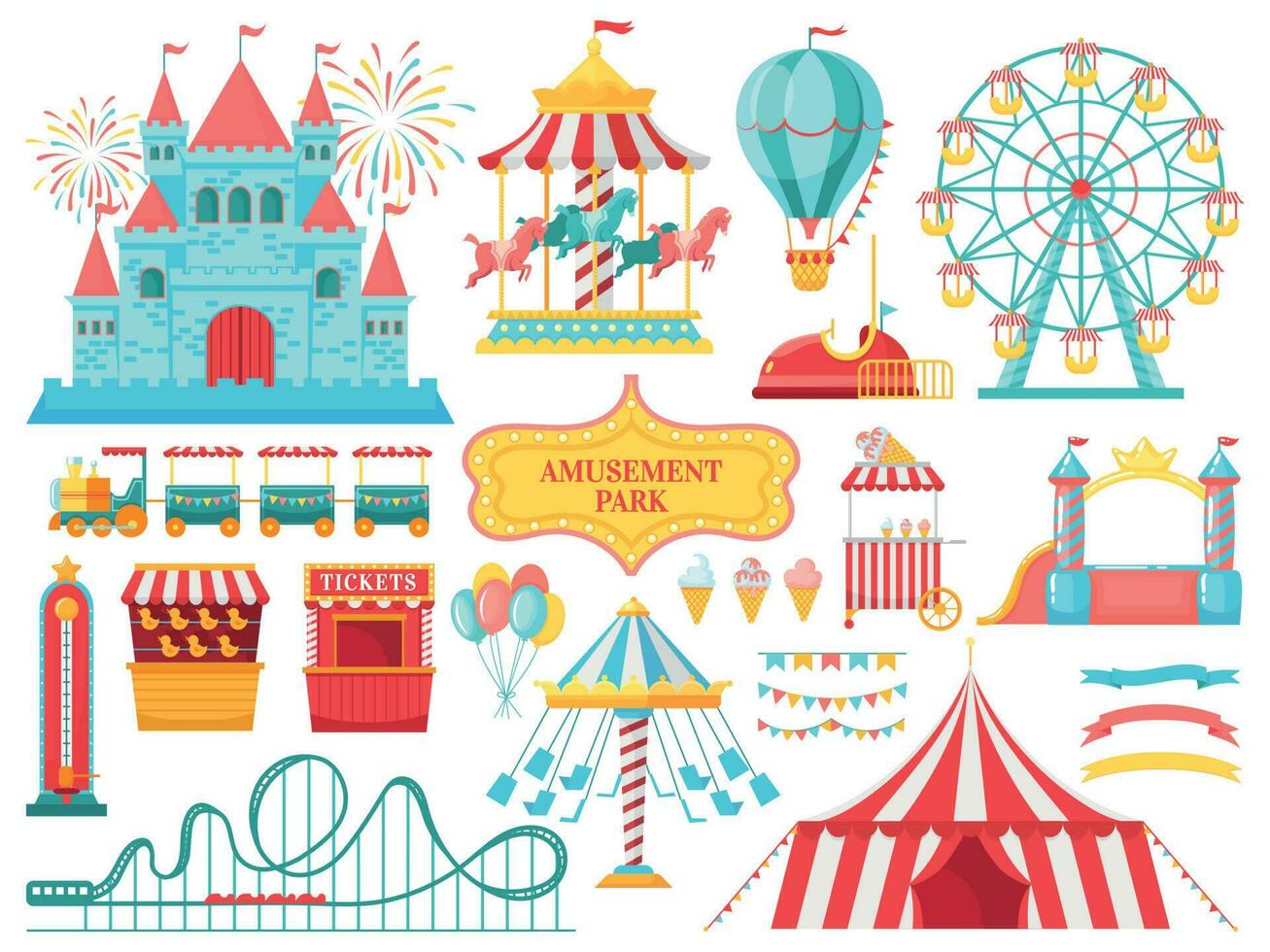 amusement park attracties. carnaval kinderen carrousel, ferris wiel attractie en grappig kermis amusement vector illustratie