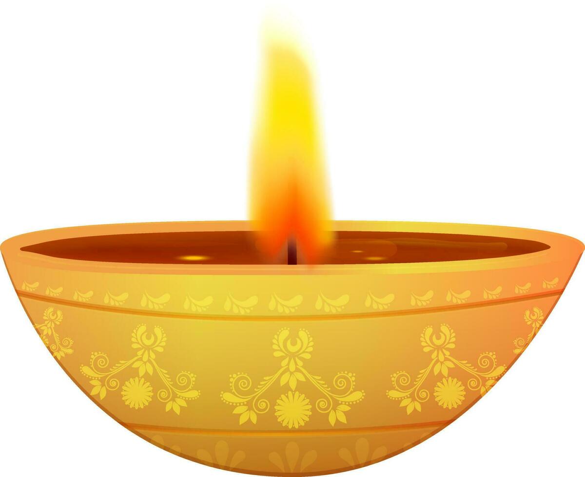 realistisch gouden olie lamp diya versierd met bloemen ontwerp patroon. vector