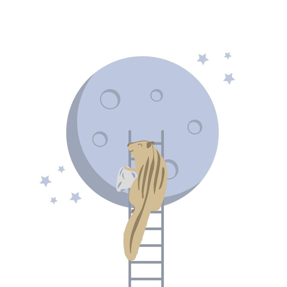 een schattige aardeekhoorn zit op de ladder en ruimt de maan op, perfect voor posters in de kinderkamer of print concept vectorillustratie vector