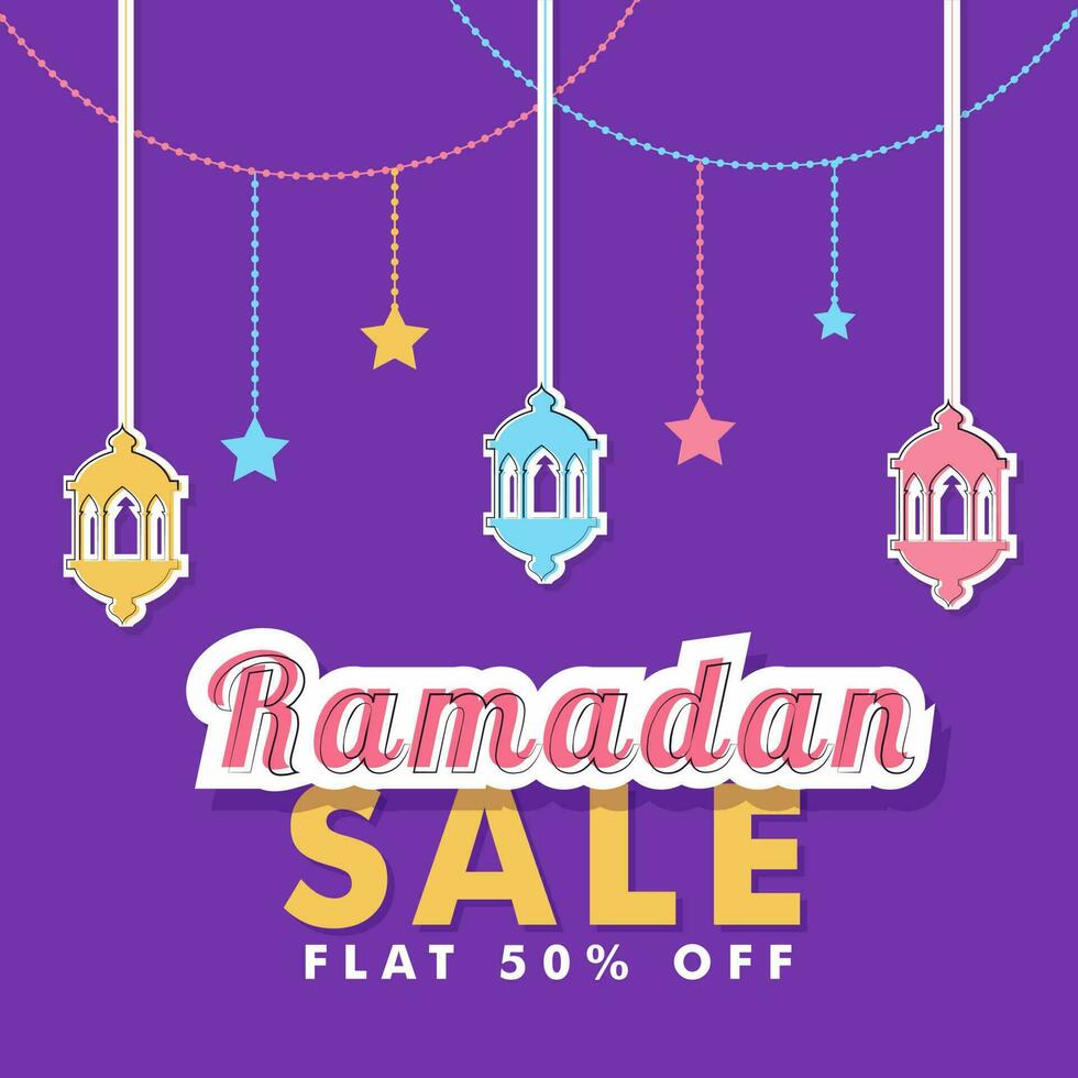 vlak 50 procent uit procent aanbod voor Ramadan uitverkoop tekst banier of poster ontwerp. vector