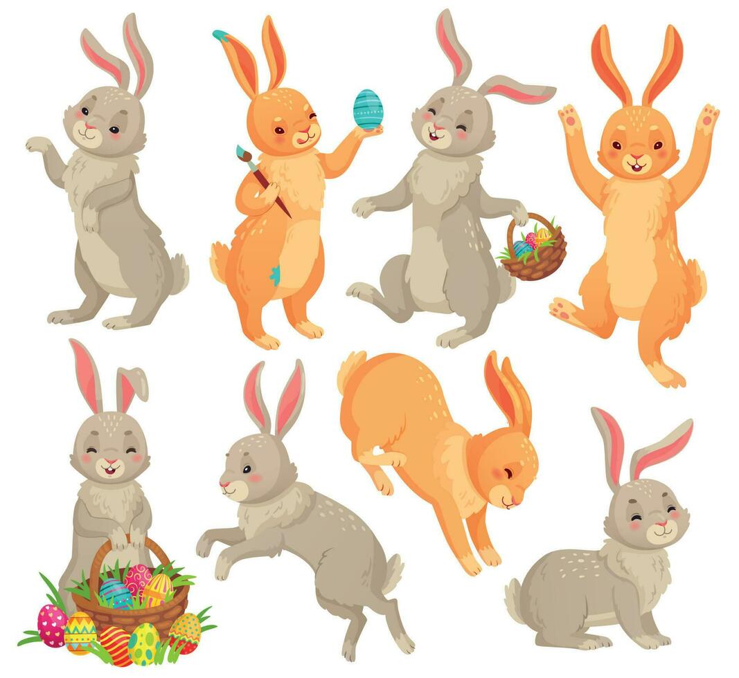 Pasen konijn. jumping konijn, dansen grappig konijntjes dieren en konijnen pasen eieren vector tekenfilm illustratie reeks