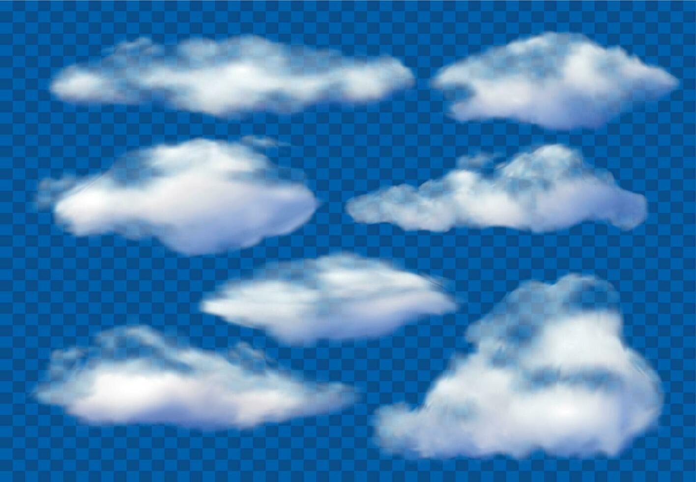 realistisch wolken. bewolkt lucht, pluizig wolk en wit damp wolken geïsoleerd 3d vector illustratie reeks